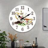 Horloge murale cuisine tasse de thé avec théière blanche et dorée décorée de fleurs roses