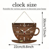 Schéma des dimensions de la pendule de cuisine en bois foncé en forme de tasse, mesurant 30 cm de haut sur 22 cm de large