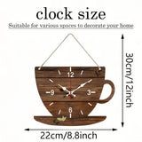 Schéma des dimensions de la pendule de cuisine en bois foncé en forme de tasse, mesurant 30 cm de haut sur 22 cm de large