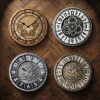 Collection de quatre horloges murales de style industriel et rétro avec engrenages apparents et différents cadrans