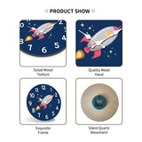 description de l'Horloge murale pour enfant sur le thème de l’espace avec une fusée au centre du cadran. Les étoiles entourent la fusée et créent un décor spatial. Les chiffres blancs permettent de lire facilement l’heure. Une décoration idéale pour une chambre d’enfant.