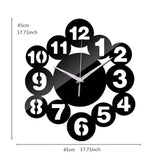 medure et diamètre de l' horloge murale au design moderne, composée d'une structure en forme de cercles noirs imbriqués affichant des chiffres blancs contrastés.