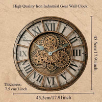 Schéma technique indiquant les dimensions de 45 cm de diamètre et 7,5 cm d'épaisseur d'une horloge murale industrielle à engrenages