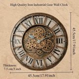 Schéma technique indiquant les dimensions de 45 cm de diamètre et 7,5 cm d'épaisseur d'une horloge murale industrielle à engrenages