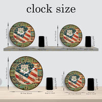 Guide des tailles de l'horloge murale américaine Route 66. Présentation de quatre modèles de diamètres différents (10, 12, 14 et 16 pouces) disposés sur des étagères avec leurs dimensions en centimètres et en pouces.