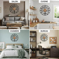 Exemples d'utilisation de l'horloge murale Arbre de Vie dans différentes pièces de la maison : salon, cuisine, chambre et bureau.