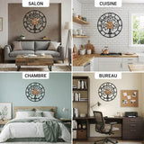 Exemples d'utilisation de l'horloge murale Arbre de Vie dans différentes pièces de la maison : salon, cuisine, chambre et bureau.