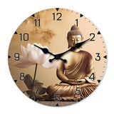 Horloge murale Bouddha Sakyamuni avec fleur de lotus blanche, fond beige éclatant aux nuances douces, décoration spirituelle pour yoga et bien-être, 30, 35 ou 45 cm, idéale pour salon ou chambre.