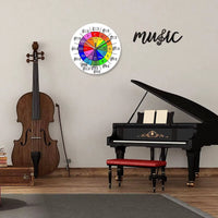 Horloge murale Cycle des Quintes colorée avec tonalités, notes et accords musicaux sur le cadran dans une pièce musicale
