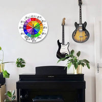 Horloge murale Cycle des Quintes colorée avec tonalités, notes et accords musicaux sur le cadran dans le salon
