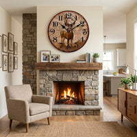 Une horloge murale en bois avec une illustration de cerf accrochée au-dessus d'une cheminée en pierre dans un salon confortable