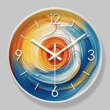 Horloge murale artistique aux couleurs bleu, jaune, orange et rouge, avec aiguilles, chiffres et traits blancs, contour blanc ou doré, idéale pour une chambre adulte au style moderne, design et scandinave.peintur en tourbillon-art-horloge scandinave pour chambre