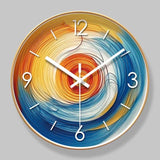 Horloge murale artistique aux couleurs bleu, jaune, orange et rouge, avec aiguilles, chiffres et traits blancs, contour blanc ou doré, idéale pour une chambre adulte au style moderne, design et scandinave cadran doré pour chambre adulte, minimaliste,scandinave