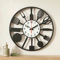 Horloge murale cuisine avec accessoires culinaires et ustensiles décoratifs pour le mur de cuisine ou salon