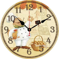 Horloge murale de cuisine vintage représentant un chef boulanger avec un poulet et un panier d'œufs
