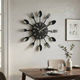 Horloge murale noire design avec couverts pour salle à manger et cuisine