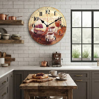 horloge-murale-cuisine-dejeuner-italien ambiance café-restaurant rétro, installée sur un mur de briques blanches dans une cuisine lumineuse