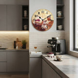 horloge murale cuisine dejeuner- talien vintage et rétro avec tasses de café et pâtisseries, suspendue sur un mur carrelé dans une cuisine moderne
