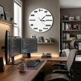 Horloge murale développeur fond blanc fixée au mur au-dessus d'un bureau informatique équipé de deux écrans affichant du code.