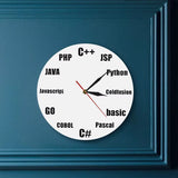 Horloge murale développeur à fond blanc accrochée au centre d'un mur bleu roi