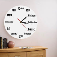 Horloge informatique à fond blanc accrochée au-dessus d'un meuble en bois avec des livres.