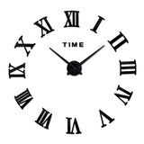 Sticker mural horloge géante noire à chiffres romains et aiguilles métalliques