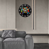 Horloge murale "Player The Best" gaming avec manette de jeu et éclaboussures de peinture colorées au-dessus d'un canapé beige