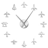 Horloge murale géante 3D sticker argenté avec silhouettes d'avions pour décoration salon