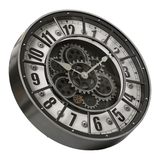 Vue en perspective d'une horloge murale style industrielle rétro avec cadran blanc et structure en métal noir
