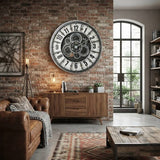 Horloge murale industrielle rétro à engrenages installée dans un salon spacieux au design loft avec canapé en cuir