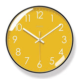 Horloge murale jaune ronde de 30 cm au design moderne et minimaliste, avec chiffres et aiguilles blancs,cadran noir, décoration murale pour salon, chambre ou cuisine.