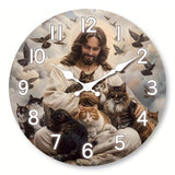 Horloge murale Jésus entouré de chats représentant une scène paisible avec plusieurs félins de différentes tailles installés autour de Jésus dans un décor inspiré du paradis. Jésus affiche un regard calme et bienveillant avec un léger sourire tandis que des oiseaux volent dans le ciel pour apporter une sensation de liberté et d'harmonie. Les chats adorables ajoutent une touche de tendresse à cette illustration pleine de douceur. Les chiffres et les aiguilles blanches s'intègrent parfaitement au cadran.