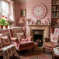 horloge murale kitsch ronde à bordure dorée, ornée d'un motif de roses roses sur fond blanc avec chiffres romains et aiguilles dorés, accrochée au-dessus d'une cheminée dans le salon cosy lecture