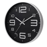 Horloge murale ronde noire design moderne avec chiffres et aiguilles blancs sur cadran noir pour cuisine ou salon