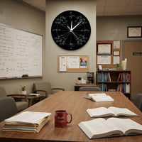 horloge murale style originale cercle radian modele noir sur le mur d'un bureau dans une pièce de chercheur mathematique