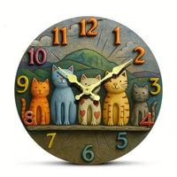 Cette horloge murale représente une adorable famille de cinq chats assis devant un paysage de montagnes avec un soleil levant. Chaque chat possède une couleur de pelage différente, ce qui rend cette décoration encore plus vivante et attachante. Les chiffres colorés donnent de la gaieté au cadran tandis que les aiguilles jaune clair permettent une lecture facile de l'heure. Cette horloge décorative est idéale pour un salon, une cuisine, une chambre ou une chambre d'enfant. Elle apporte une ambiance chaleureu