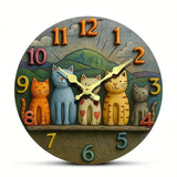 Cette horloge murale représente une adorable famille de cinq chats assis devant un paysage de montagnes avec un soleil levant. Chaque chat possède une couleur de pelage différente, ce qui rend cette décoration encore plus vivante et attachante. Les chiffres colorés donnent de la gaieté au cadran tandis que les aiguilles jaune clair permettent une lecture facile de l'heure. Cette horloge décorative est idéale pour un salon, une cuisine, une chambre ou une chambre d'enfant. Elle apporte une ambiance chaleureu