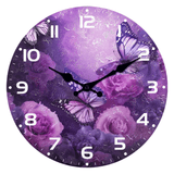 Horloge murale avec cinq papillons et fleurs mauves et violettes de 30 cm, style moderne et original, idéale pour chambre d’enfant, salon, enfant ou adulte.