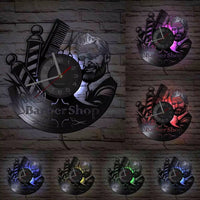 Horloge murale en vinyle avec rétroéclairage LED, portrait d'un homme barbu, enseignes de barbier et texte Barber Shop pour vitrine.