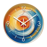 Horloge murale artistique aux couleurs bleu, jaune, orange et rouge, avec aiguilles, chiffres et traits blancs, contour blanc ou doré, idéale pour une chambre adulte au style moderne, design et scandinave.son cadran est doré