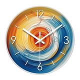 Horloge murale artistique aux couleurs bleu, jaune, orange et rouge, avec aiguilles, chiffres et traits blancs, contour blanc ou doré, idéale pour une chambre adulte au style moderne, design et scandinave.