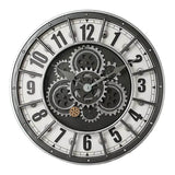 Horloge murale style industrielle rétro avec chiffres arabes classiques, cadran blanc et mécanisme à engrenages apparent