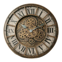 Horloge murale style industrielle rétro en métal vieilli avec grands chiffres romains et engrenages centraux mécaniques
