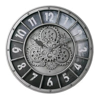 Horloge murale style industrielle rétro avec effet vieilli et usé, chiffres arabes blancs et engrenages mécaniques apparents
