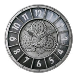 Horloge murale style industrielle rétro avec effet vieilli et usé, chiffres arabes blancs et engrenages mécaniques apparents