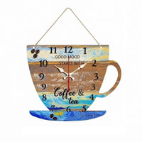 Horloge murale ORIGINALE en forme de tasse de café avec une peinture style Van Gogh, inscription Good Mood Starts With Coffee & tea