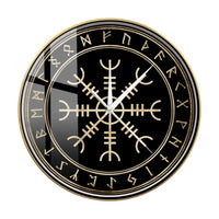 horloge murale Valnuuk style nordique cadran noir brillant avec boussole nordique et symboles runiques dorés effet verre protecteur avec cadran