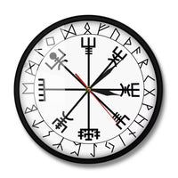 horloge murale Valnuuk style nordique avec cadran blanc boussole viking Vegvisir noire runes scandinaves Futhark et trotteuse rouge avec cadran