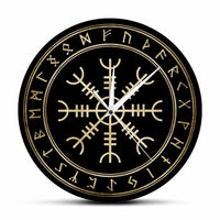 horloge murale Valnuuk style nordique cadran noir brillant dore avec boussole nordique et symboles runiques dorés