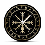 horloge murale Valnuuk style nordique cadran noir brillant dore avec boussole nordique et symboles runiques dorés